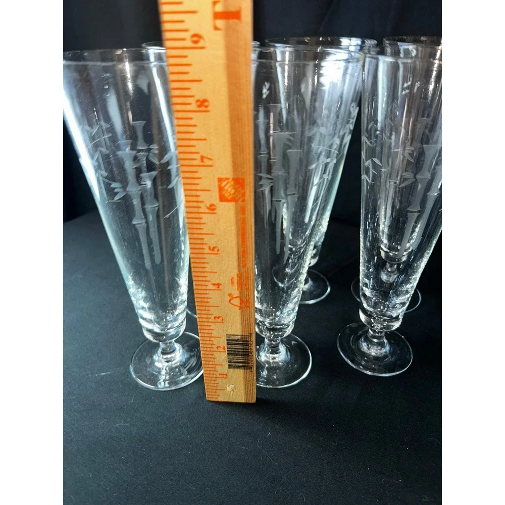 Set of 6 Vintage Bamboo Etched Footed‎ Glasses Champagne Flutes Tall Pilsner MCM